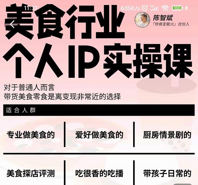 美食行业个人IP实操课，对于普通人而言，带货美食零食是离变现非常近的选择-52资源库