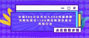 价值980小红书日入300突破限制无限私信日+100创业粉项目适合所有行业-52资源库