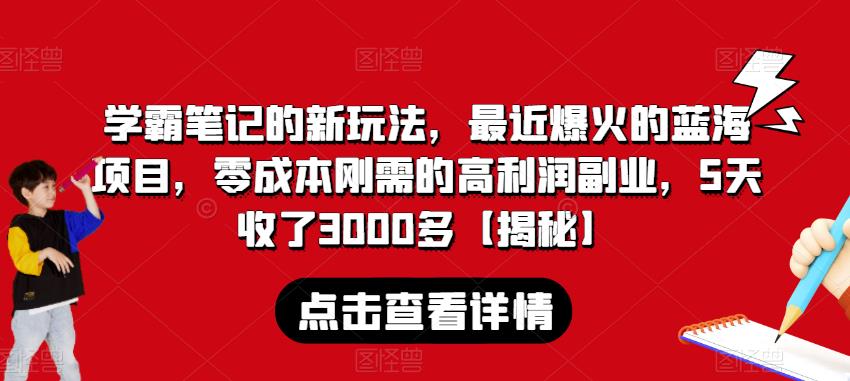 学霸笔记的新玩法，最近爆火的蓝海项目，零成本刚需的高利润副业，5天收了3000多【揭秘】-52资源库