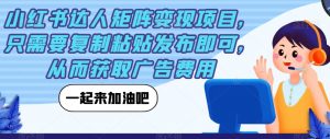 小红书达人矩阵变现项目,只需要复制粘贴发布即可,从而获取广告费用-52资源库