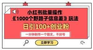 小红书批量操作《1000个野路子信息差》玩法,一分钟制作一个图文,不封号,日引100+创业粉-52资源库