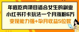 年底吃肉项目适合女生的副业小红书打卡玩法一个月涨粉6万+变现能力强+单月收益5位数【揭秘】-52资源库