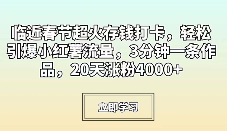 临近春节超火存钱打卡，轻松引爆小红薯流量，3分钟一条作品，20天涨粉4000+【揭秘】-52资源库